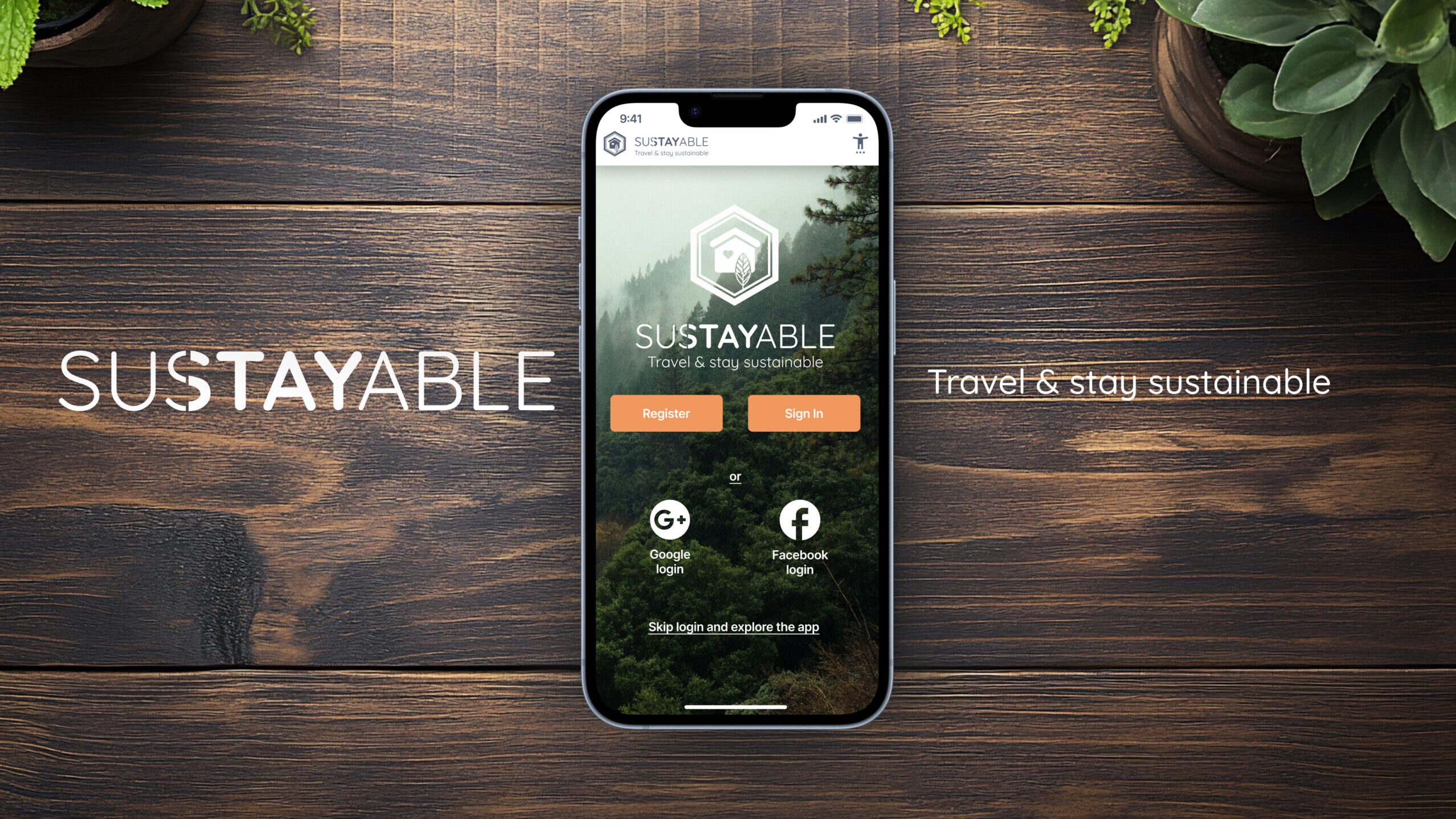 iPhone mockup showing the Sustayable app login screen.