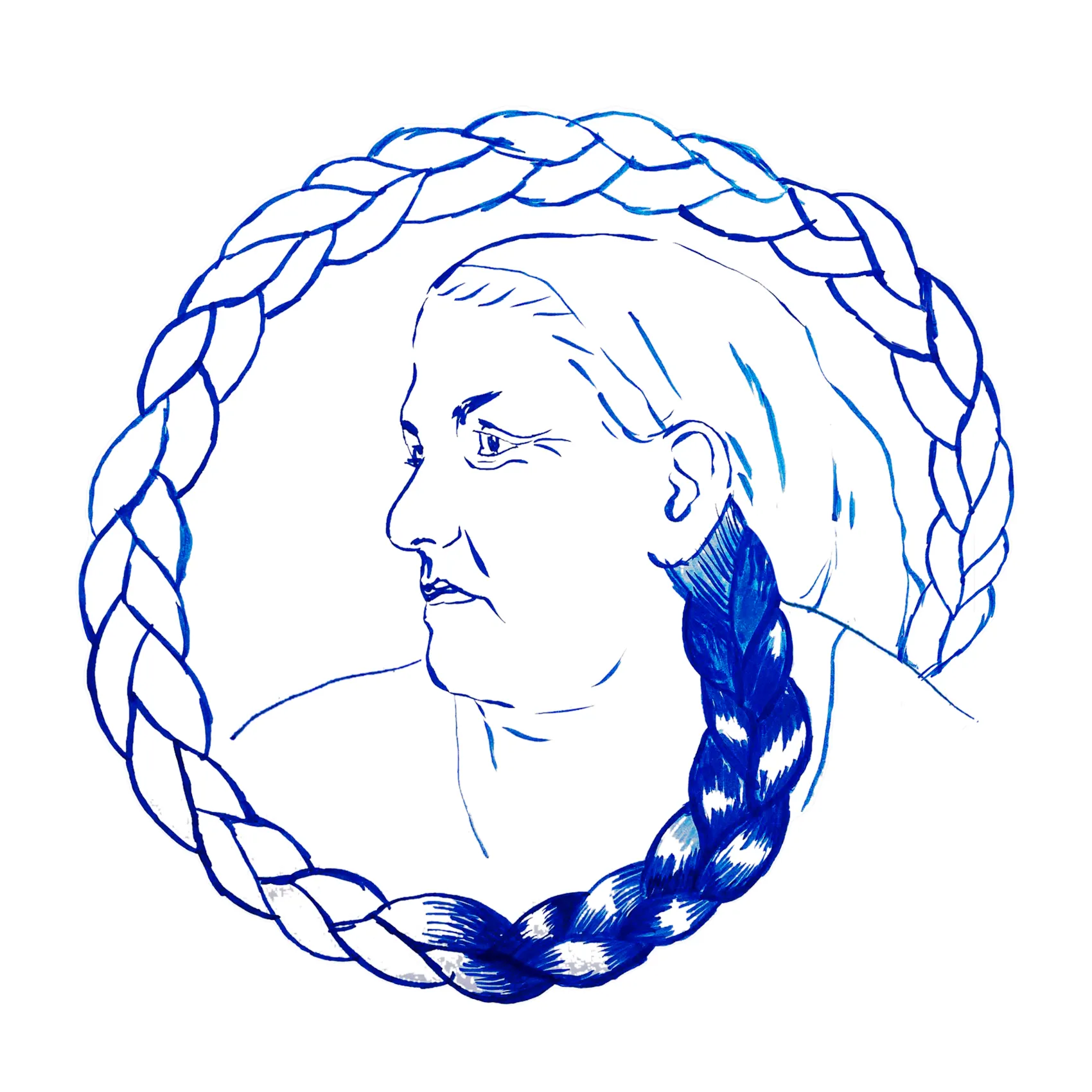 A blue watercolor drwaing of a woman with a braid around her.