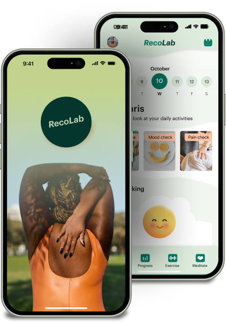Mockups showing start screen and home screen for the RecoLab app
