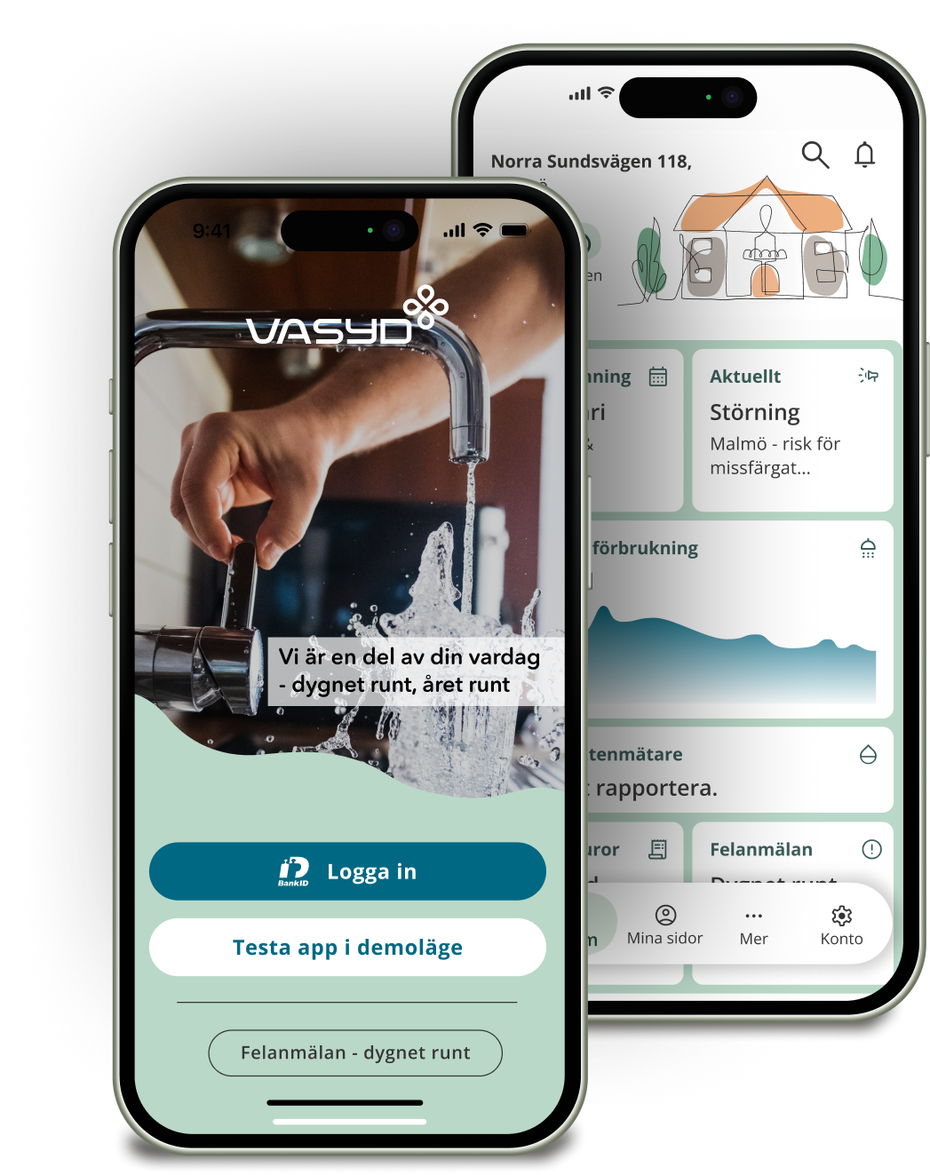 Mockup of two screens from the app showing on a pair of smart phones.