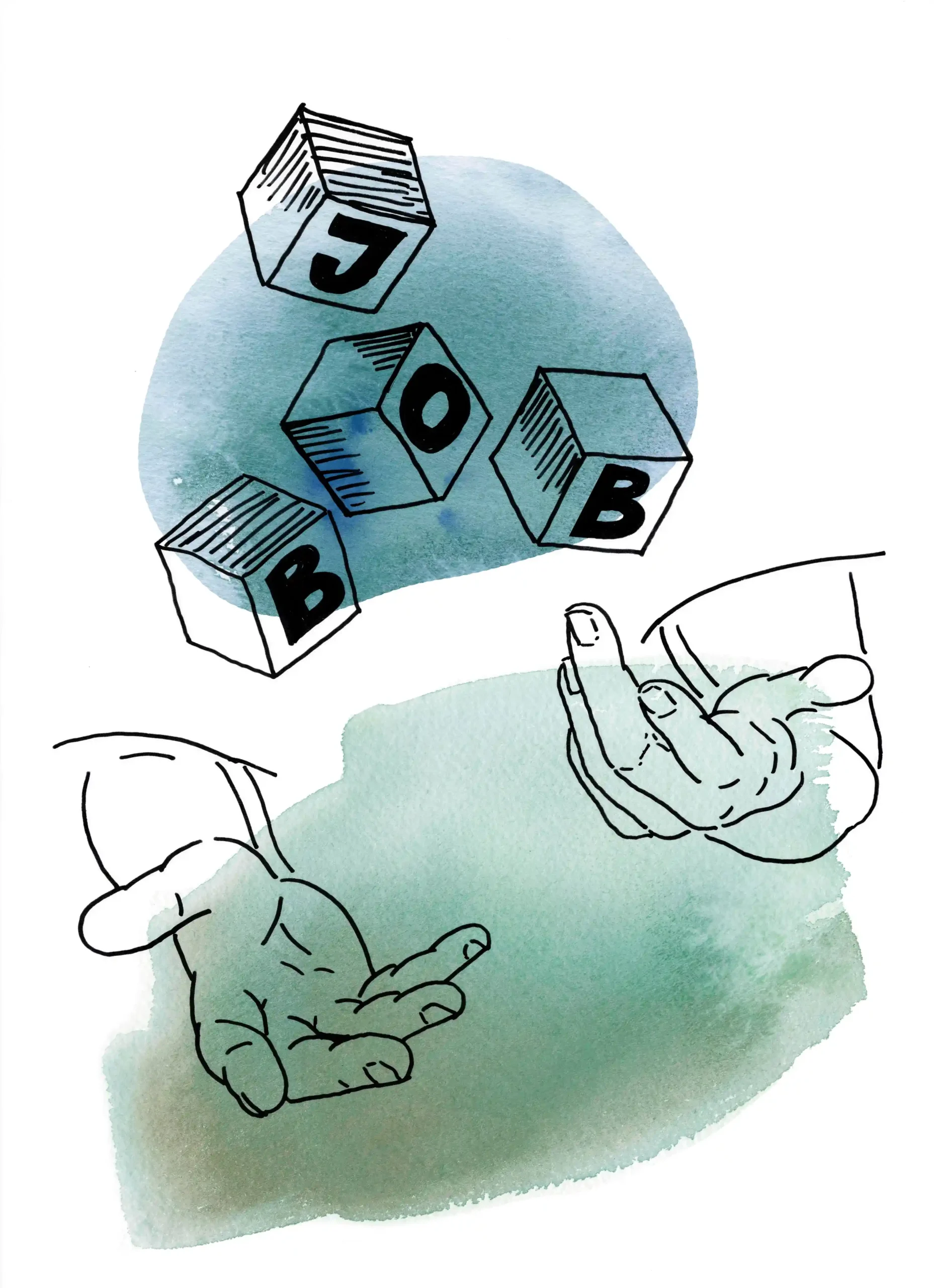 Watercolor illustration with hands juggling four cubes that spells "JOBB". 