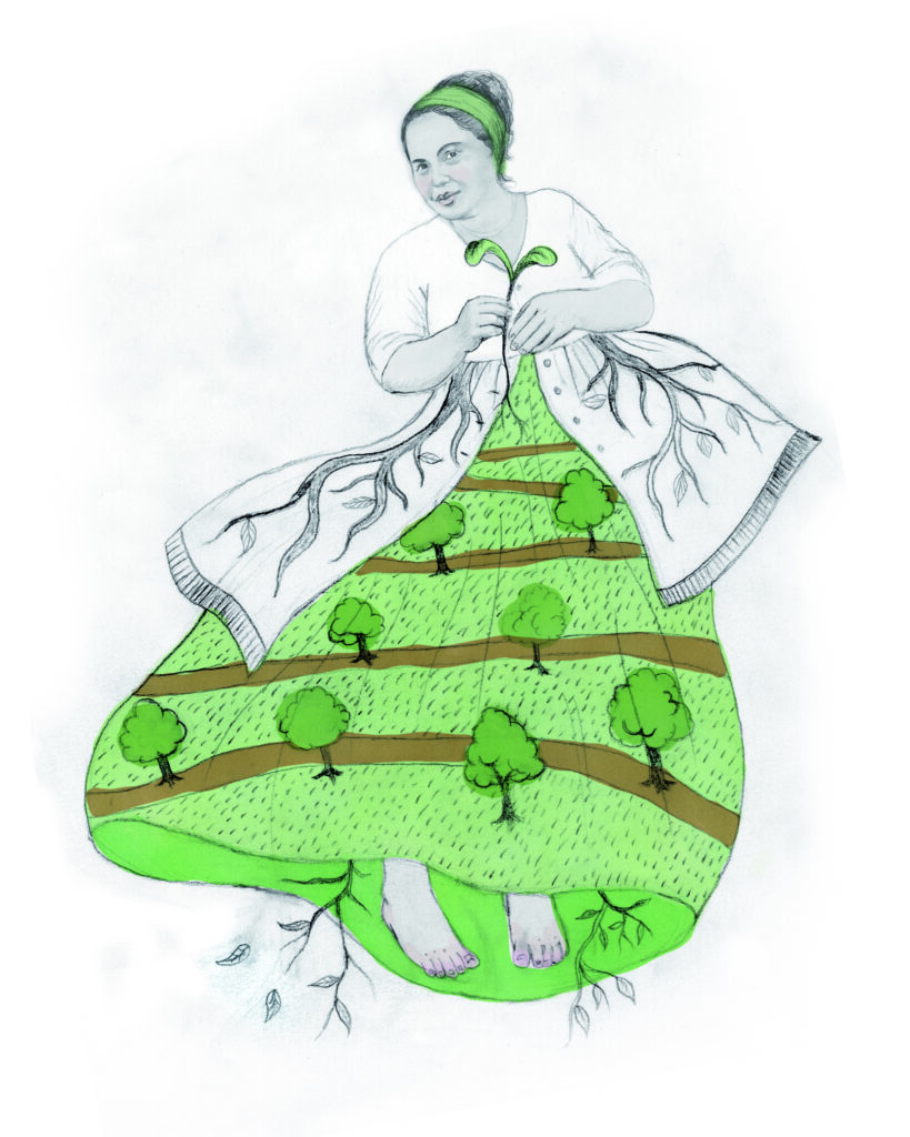 A pencil drawing in gray and green of a woman holding a seedling.