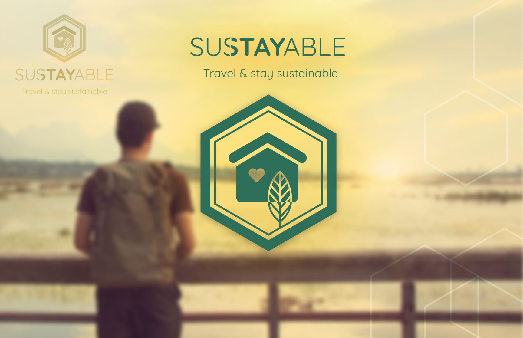 A layout showing the Sustayable logotype, slogan and pictogram on top of an image of a sunset.