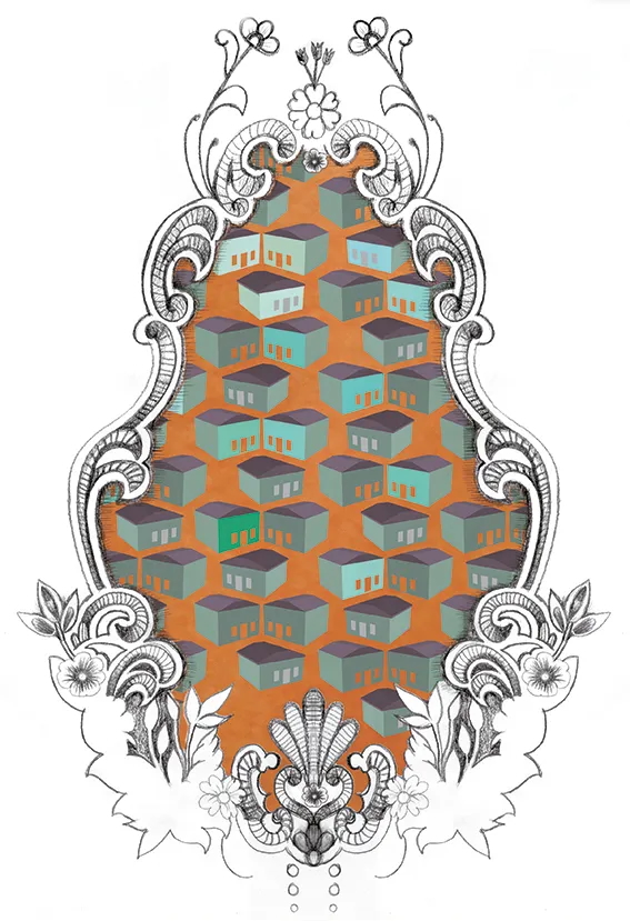 Illustrated drawing in color of framed houses in a pattern.
