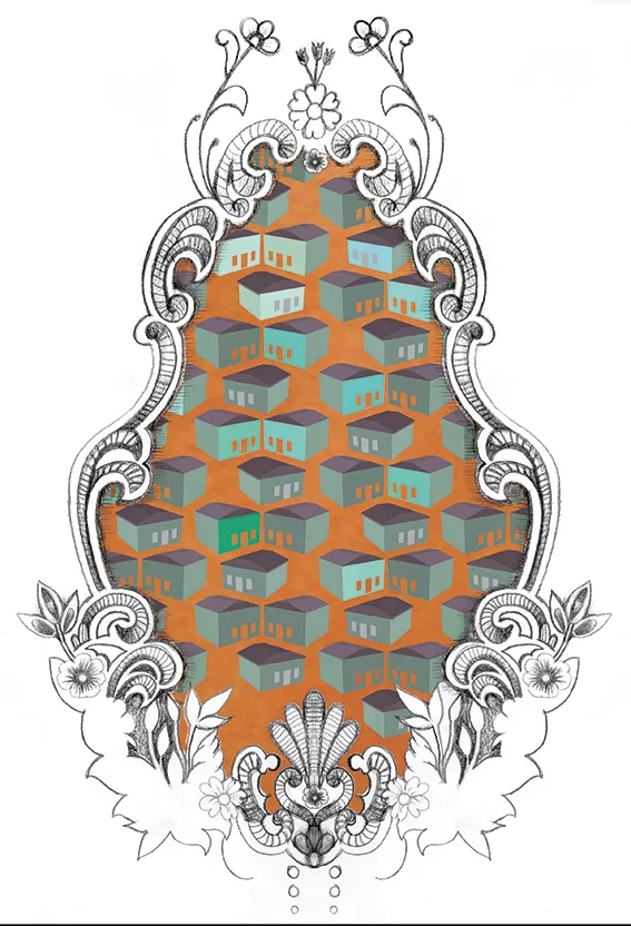 Illustrated drawing in color of framed houses in a pattern.