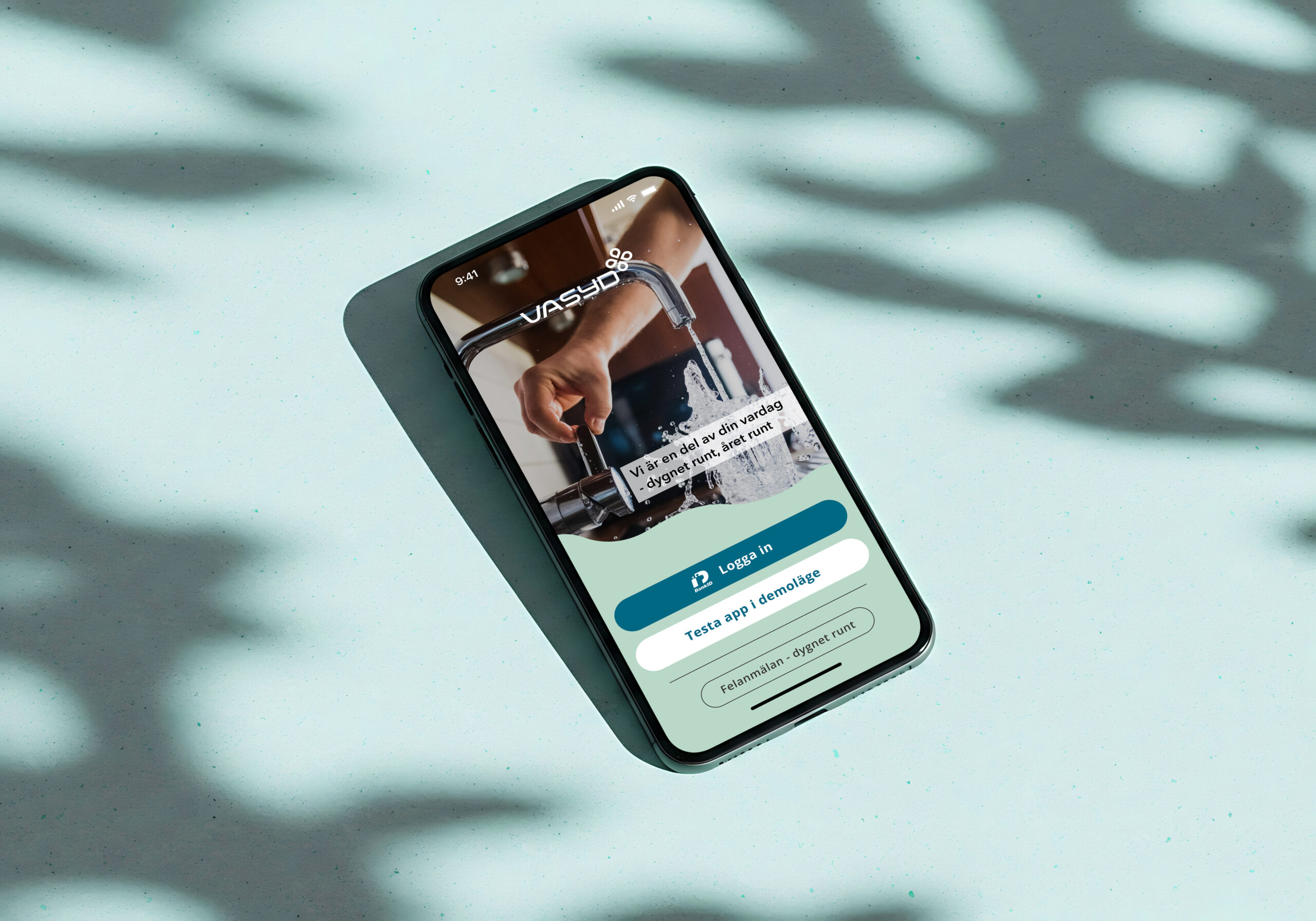 Mockup mobile phone showing the splash screen for the concept app for VA Syd.