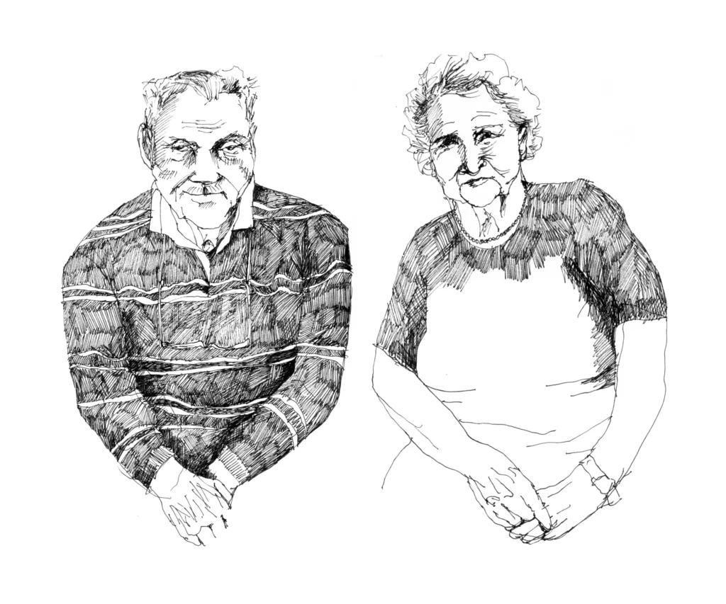 Illustrated portrait in black and white of an elderly couple.