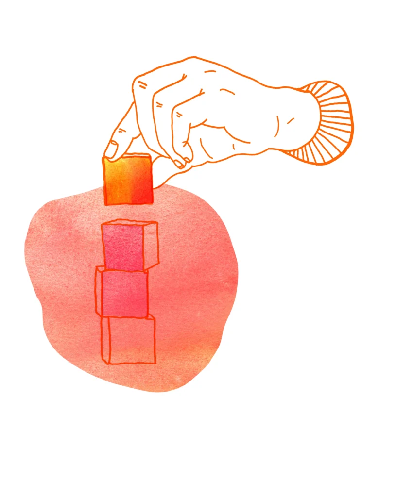 Watercolor illustration in orange with a hand balancing four cubes on top of each other.