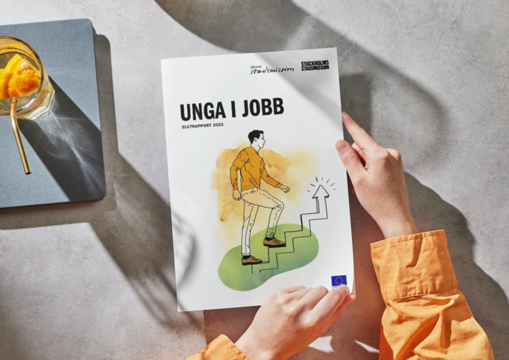 Flat lay image of the report Unga i jobb with an illustration on the front.